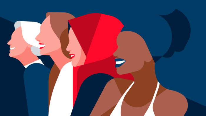 Illustration of diverse women colourful silhouettes smiling