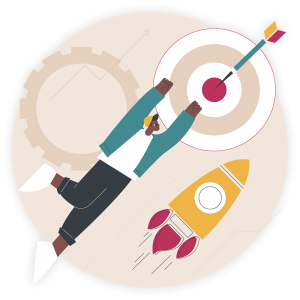 colourful illustration of person and rocket flying towards their target