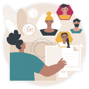 colourful illustration of manager working with team