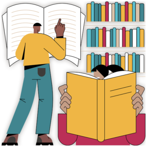 colourful Illustration of people doing academic research in library