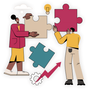 colourful illustration of two people fitting huge puzzle pieces together