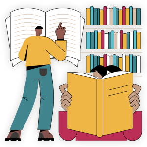 colourful Illustration of people doing academic research in library