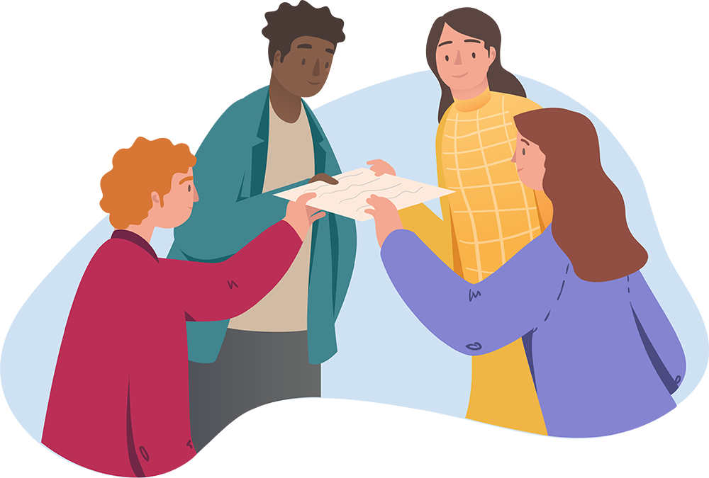 colourful illustration of four workers jointly holding a document to illustrate trust
