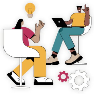 A coach and student sitting facing each other and conversing