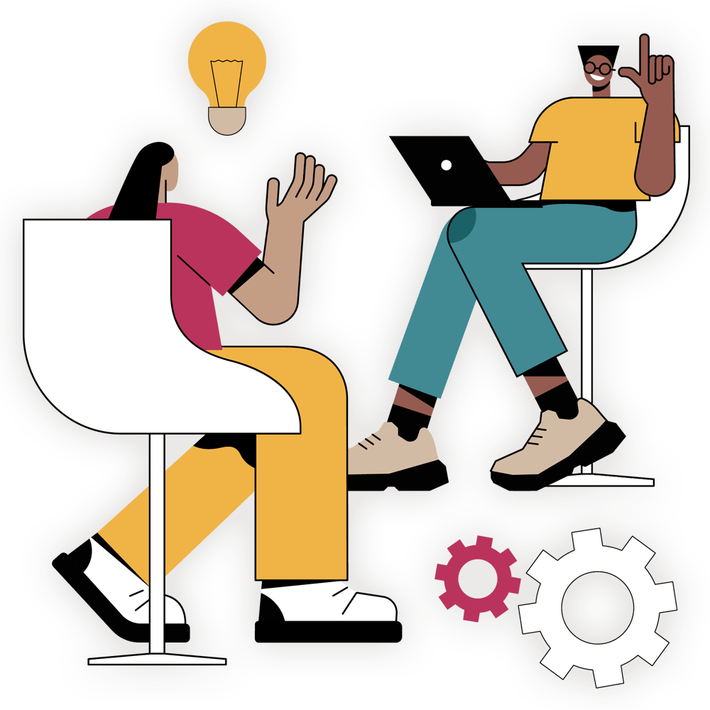 A coach and student sitting facing each other and conversing